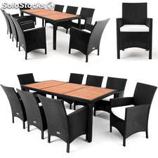 17tlg. Polyrattan Sitzgruppe - Tischplatte aus Akazienholz - 7cm dicke Auflagen