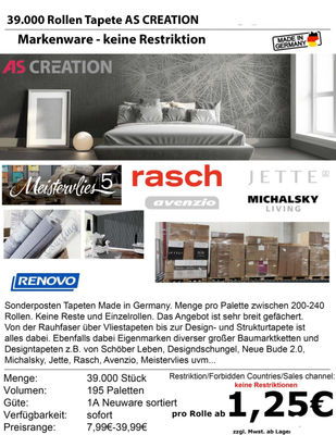 39.000 Rollen Tapete as creation Markenware/ 39,000 rolls wallpaper as creation