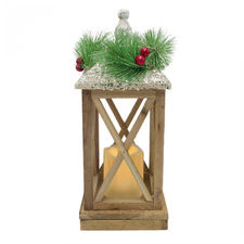 859748 Farol con vela navideña decoración de madera con luz led y purpurina