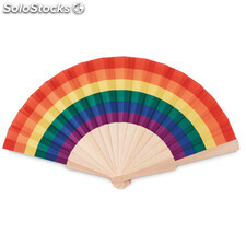 Abanico de madera y tejido de poliéster con estampado rainbow.