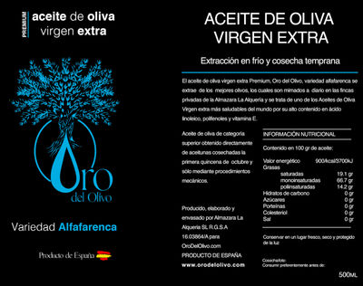 Aceite Oliva Virgen Extra Premium Alfafarenca | 1 x 500 ML - Foto 2