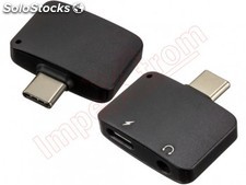 Adaptador preto micro USB tipo C fêmea e tomada de áudio 3,5 mm fêmea para micro