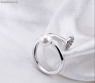 Adjustable rhodium plated ring with Cubic Zircon. y perla natural. - Zdjęcie 2