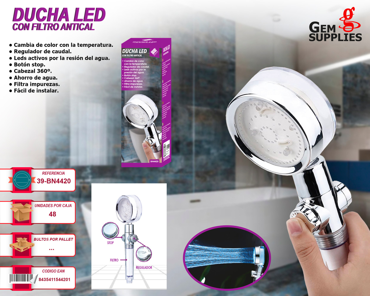 LED Alcachofa de ducha , Filtro filtración alta presión ahorro de