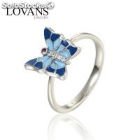 anillo plata/chapado,diseño de anillo+mariposa con esmalte azul oscuro y claro