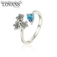 anillo plata/chapado,diseño de tres flores con un circón azul grande
