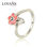anillo plata,diseño de hoja+flor esmalte rosado - 1