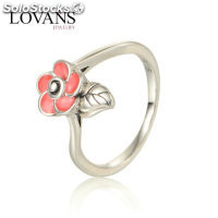 anillo plata,diseño de hoja+flor esmalte rosado