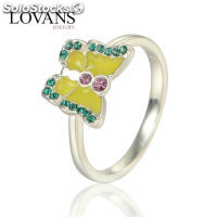anillo plata,diseño de mariposa con esmalte amarillo y piedras verdes