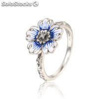 anillo plata zirconitas con flor color azul