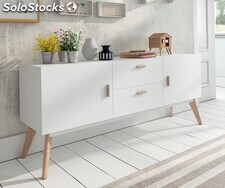 Mueble aparador de salón JELANI. 128,4x91,5x33,8 cm. Diseño nórdico moderno  color blanco y roble.