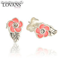 aretes/pendientes de plata,diseño de hoja +flor con esmalte rosado