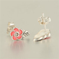 aretes/pendientes de plata,diseño de hoja +flor con esmalte rosado - Foto 3
