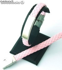 Armband geflochten, Synthetik-Leder und Stahl - Farbe Rosa