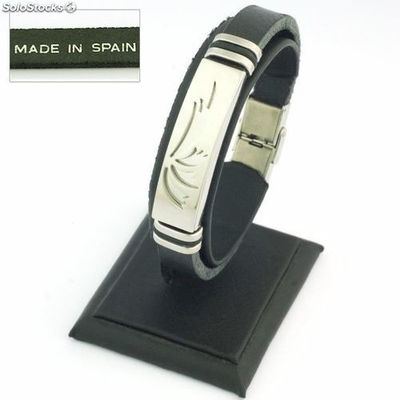 Armband Stahl und Leder schwarz 10 x 3 mm. In Spanien gemacht. Modell 03