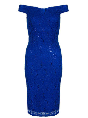 Azul real de lentejuelas Vestido a media pierna de encaje Bardot - Foto 2