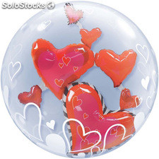 Ballon BUBBLES Qualatex 61cm de diamètre double Coeurs rouges