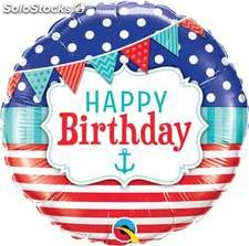 Ballons Alu Rond Qualatex &quot; Happy Birthday Nautique &quot; 45 cm