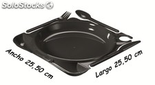 Bandeja plato luxe de plástico con cubiertos color negro, caja 48 unidades