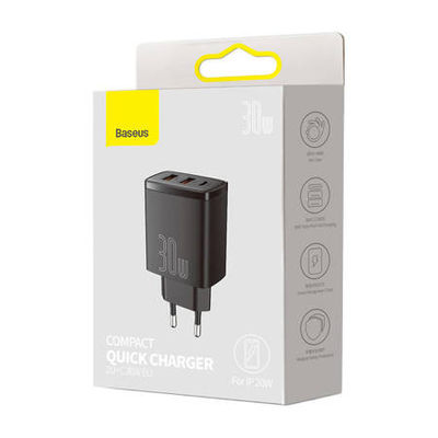 Baseus Kompaktes Schnellladegerät, 2xUSB, USB-C, PD, 3A, 30W (schwarz) - Foto 2