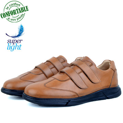 Baskets homme médicales 100% cuir extra confortable tabac