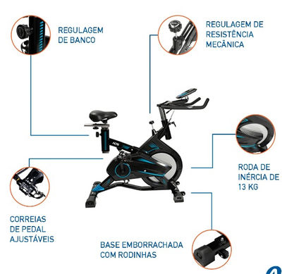 Bicicleta Para Spinning Pro, E17, Roda Livre 13Kg, Freio Mecânico, Preto E Azul, - Foto 3