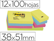Bloc de notas adhesivas quita y pon post-it 38x51 mm neon pack de 12 blocs