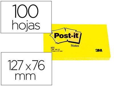 Bloc de notas adhesivas quita y pon post-it 76X127 mm con 100 hojas 655
