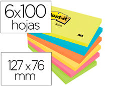 Bloc de notas adhesivas quita y pon post-it 76X127 mm neon pack de 6 blocs