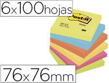 Bloc de notas adhesivas quita y pon post-it 76x76 mm neon pack de 6 blocs
