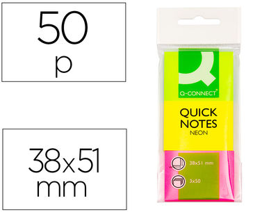 Bloc de notas adhesivas quita y pon q-connect 38x51 mm neon pack de 3 unidades