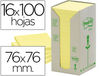 Bloc de notas adhesivas quita y pon recicladas en torre post-it 76 x 76 mm 16