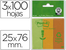 Bloc de notas adhesivas quita y pon recicladas post-it 25X76MM verde-naranja-