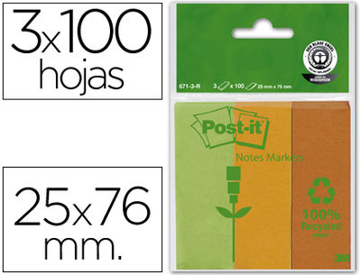 Bloc de notas adhesivas quita y pon recicladas post-it 25X76MM verde-naranja-