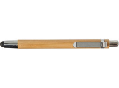 Bolígrafo de bambú con acabados plateados. Tiene puntero táctil y tinta negra.