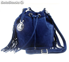 Bolsa Feminina em Couro com Franjas Folk Azul