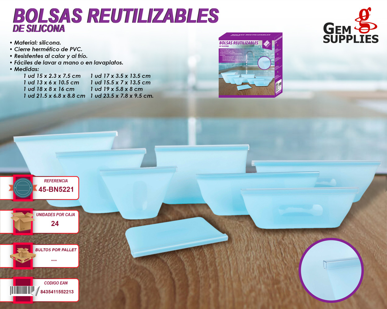 Set 8 Bolsas de silicona reutilizables We Houseware BN5221 con