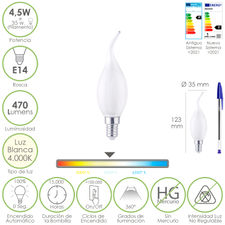 Bombilla Led Filamento Vela Llama Esmerilada E14. 4,5 Watt. Equivale A 35 Watt.