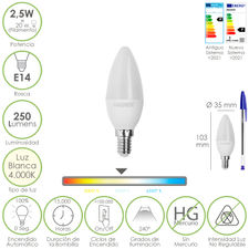 Bombilla Led Vela E14. 2,5 Watt. Equivale A 20 Watt. 250 Lumenes. Luz Neutra