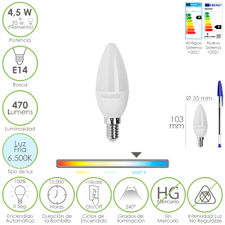 Bombilla Led Vela Rosca E14. 4,5 Watt. Equivale A 30 Watt. 470 Lumenes. Luz Fira