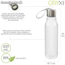 Botella Agua, Capacidad De 600 ML. Plastico Libre BPA, Con Asa, Tapon Acero