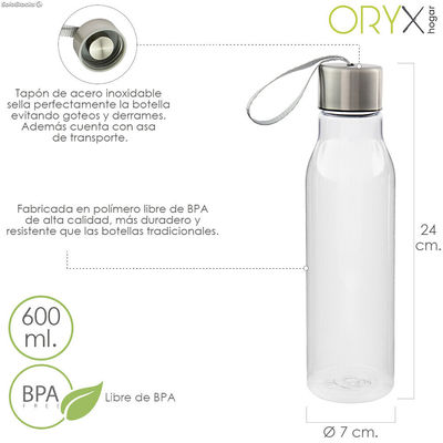Botella Agua, Capacidad De 600 ML. Plastico Libre BPA, Con Asa, Tapon Acero