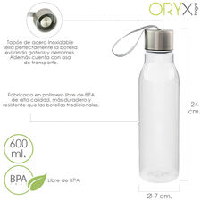 Botella Agua, Capacidad De 600 ML. Plastico Libre BPA, Con Asa, Tapon Acero