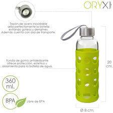 Botella Agua de Cristal, Capacidad De 360 ML. Libre BPA, Con Funda Goma y Tapon