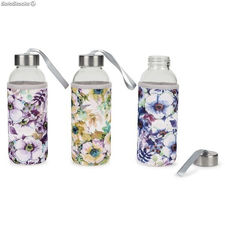 Botella de cristal con funda de flores
