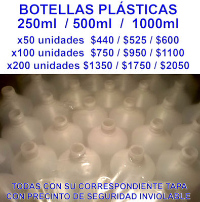 Botellas Plásticas 250ml, 500ml y 1litro con tapa de seguridad inviolable envíos