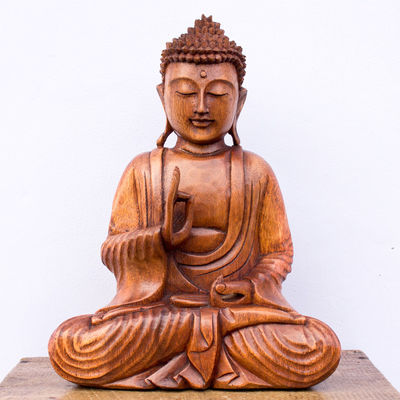 Buda de Madera tallado a mano 25cm Escultura hecha en Bali Marrón