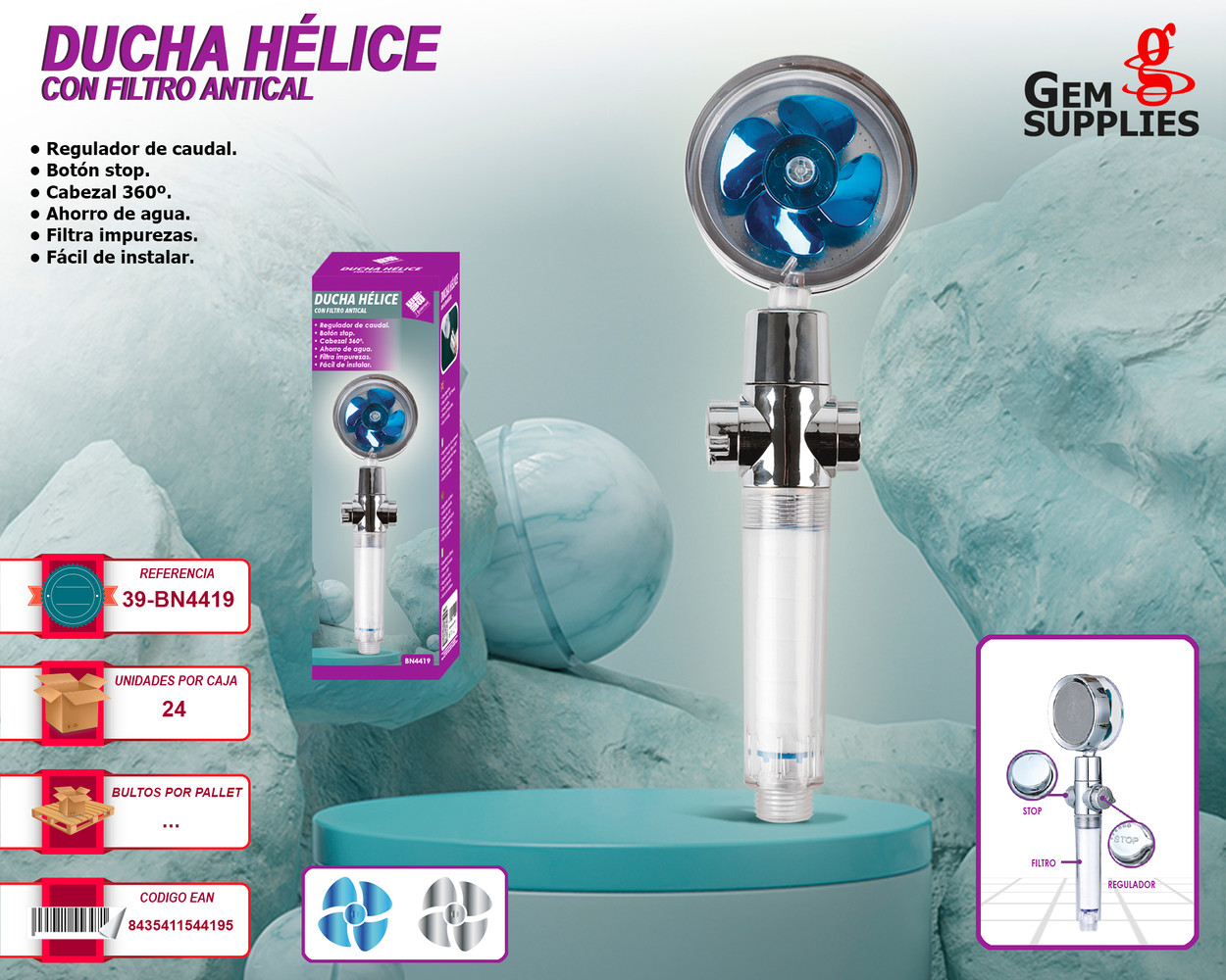 Hélice alcachofa ducha alta presion conjunto con 1 filtro ducha