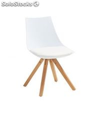 Cadeira de polipropileno com assento estofado e pernas de madeira branca