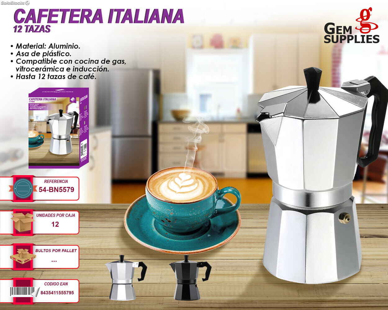 Cafetera Italiana Inducción 12 Tazas Café, Aluminio, Válvula de